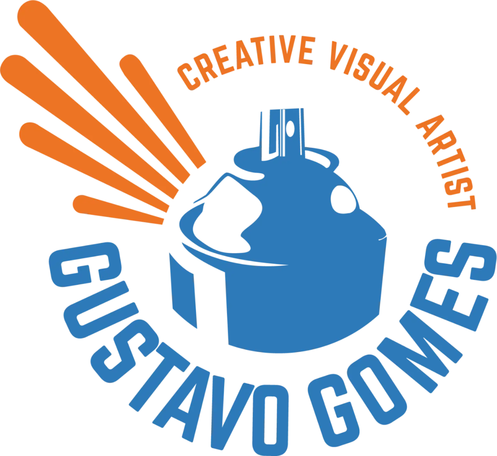 Selo circular do Gustavo Gomes: lata de spray azul com jatos laranja, cercada por Creative Visual Artist e pelo nome