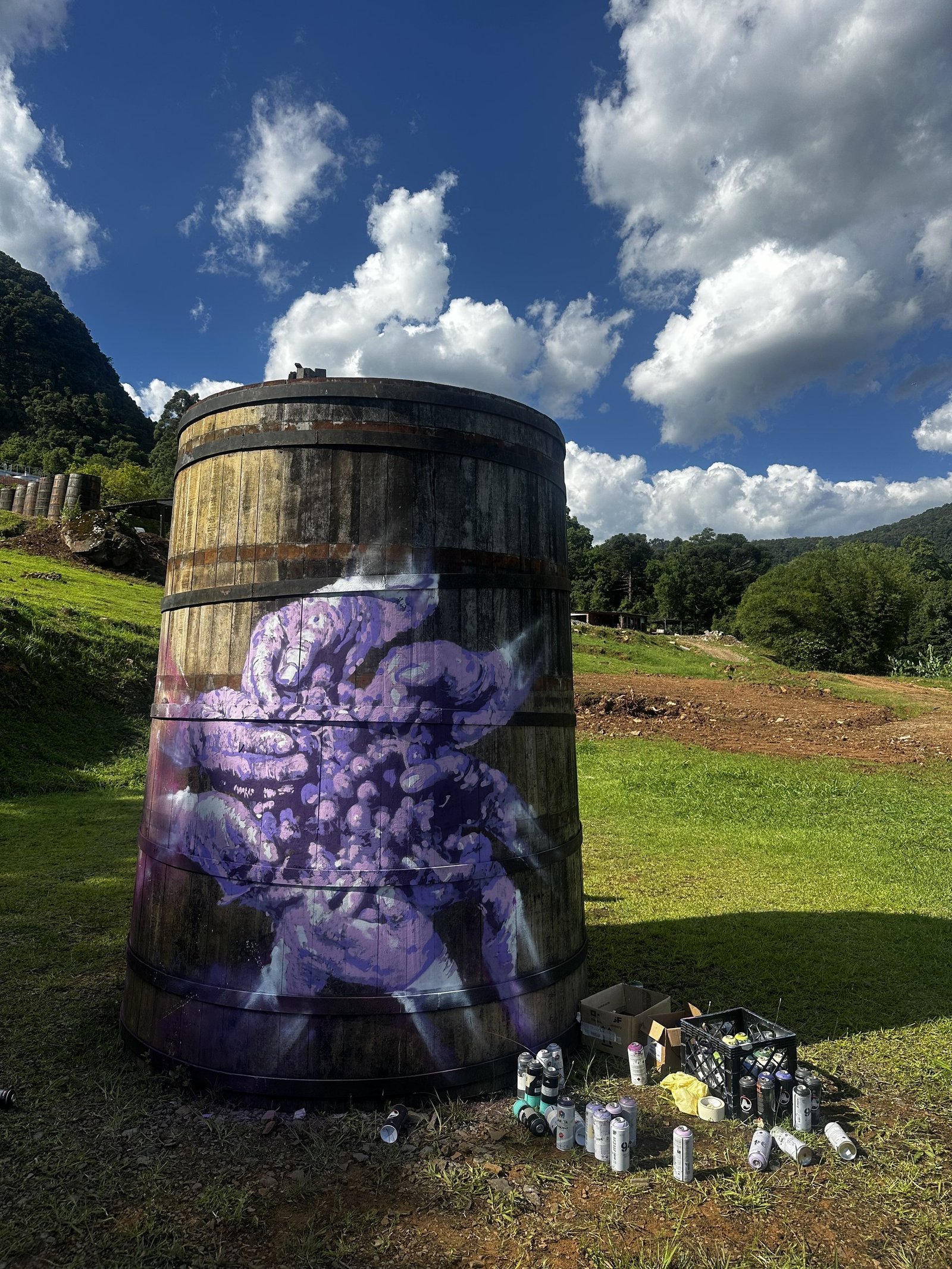 Pipa de madeira no campo pintada com um grande cacho de uva roxo