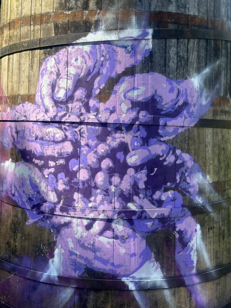 Detalhe do cacho de uva pintado sobre as tábuas da pipa