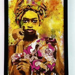 Print de mulher de turbante em amarelo, laranja e rosa, emoldurado