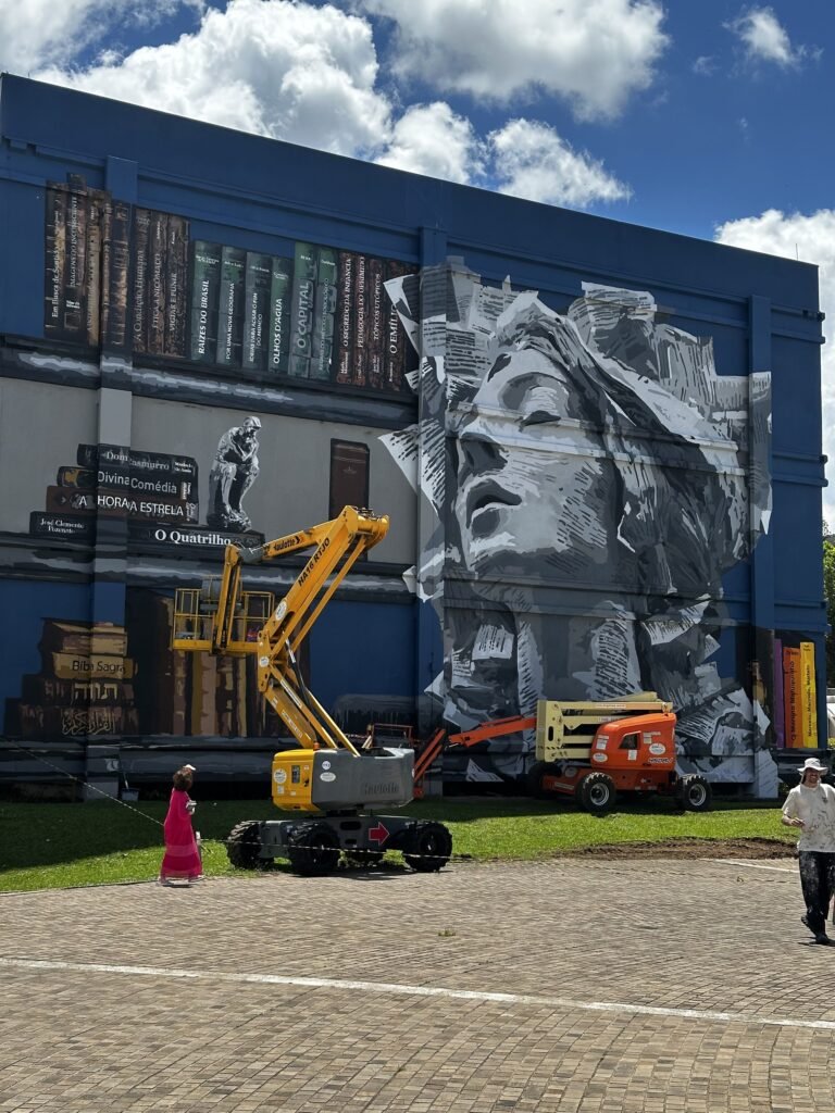 A estante de livros ao lado do rosto, com a obra quase pronta